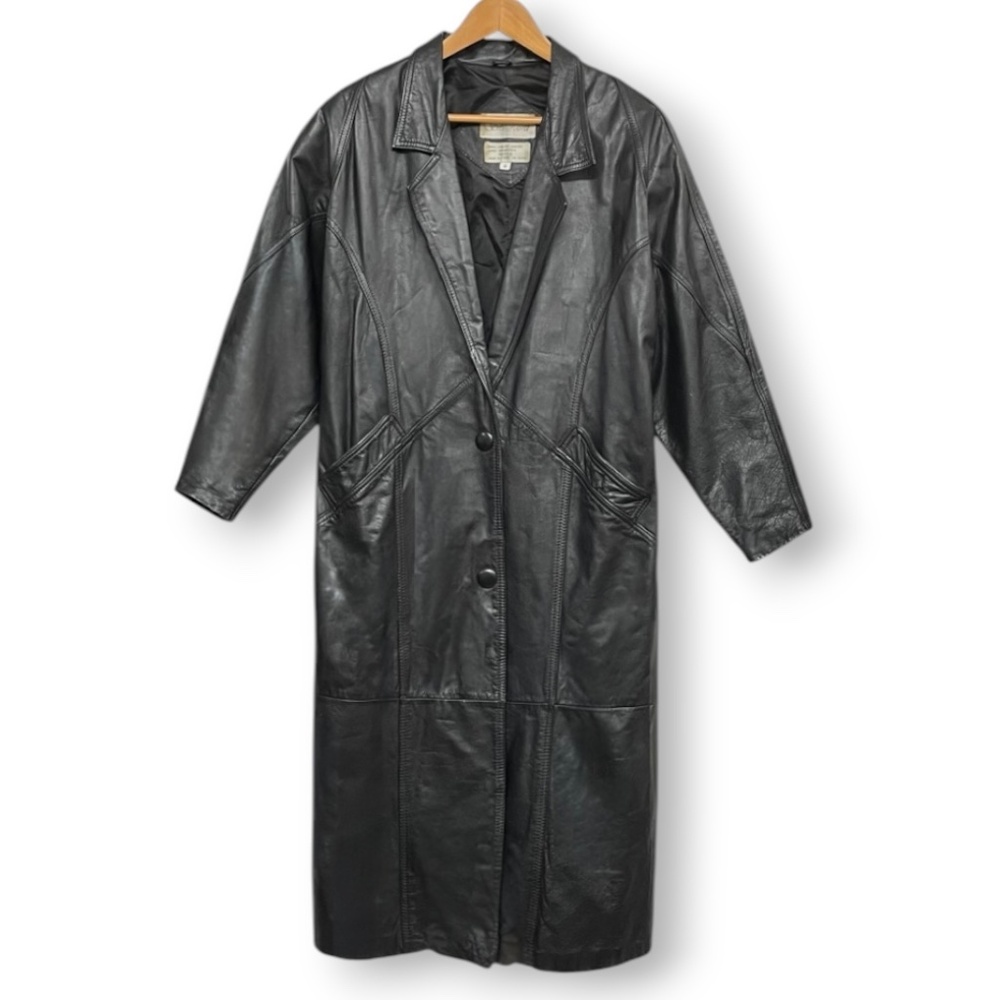 Vintage 80s Black Leather Trench Coat Silvercord Womens Size S Oversized Long